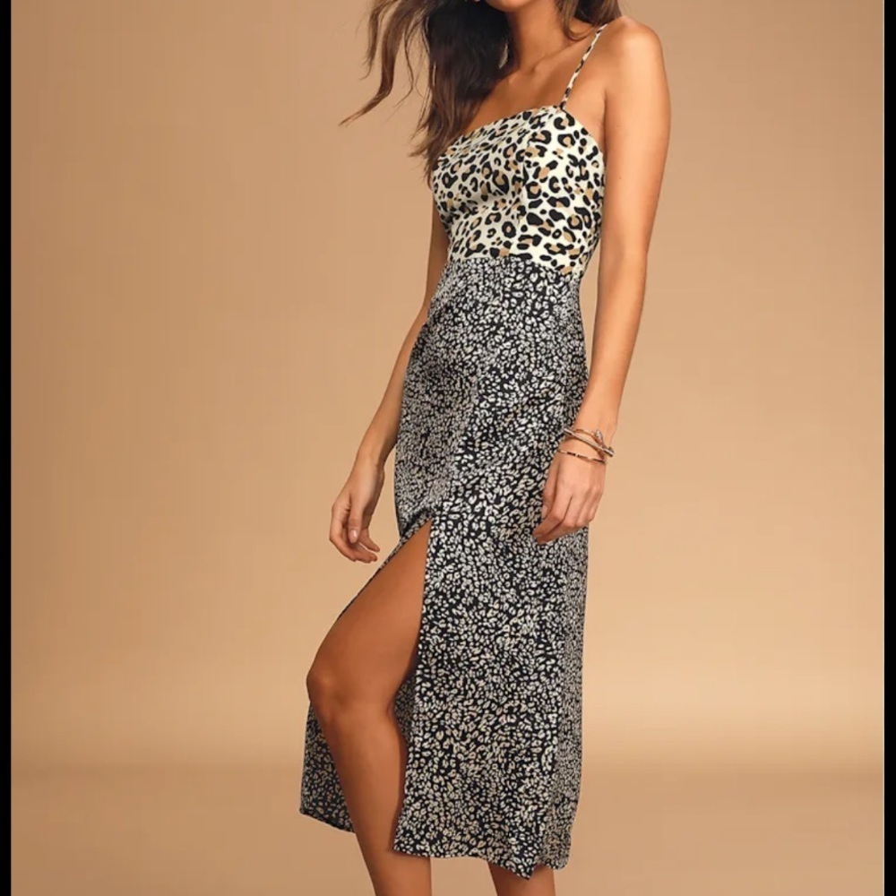 Lulus Being Bold Leopard Print Satin Midi Slip Dress Small